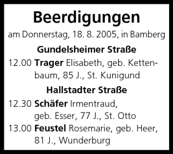 Anzeige von Beerdigungen vom 18.08.2005 von MGO