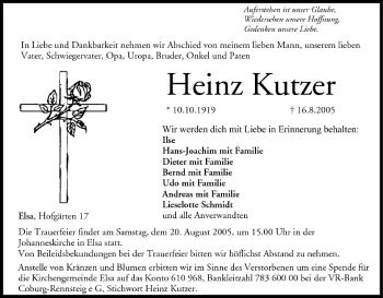 Anzeige von Heinz Kutzer von MGO