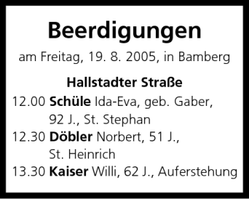 Anzeige von Beerdigungen vom 19.08.2005 von MGO