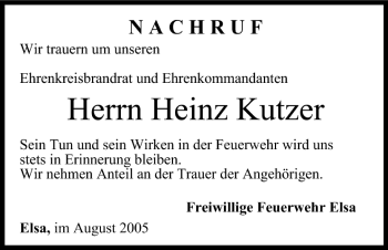 Anzeige von Heinz Kutzer von MGO