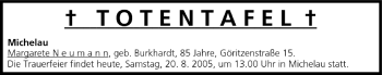 Anzeige von Totentafel vom 20.08.2005 von MGO