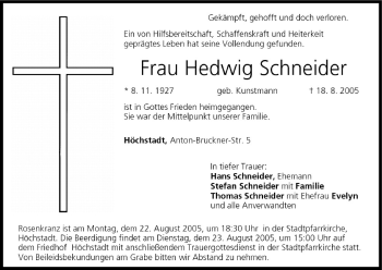 Anzeige von Hedwig Schneider von MGO