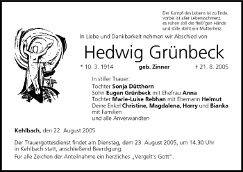 Anzeige von Hedwig Grünbeck von MGO