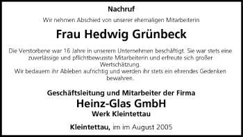 Anzeige von Hedwig Grünbeck von MGO