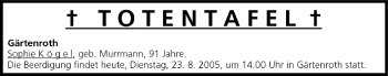 Anzeige von Totentafel vom 23.08.2005 von MGO