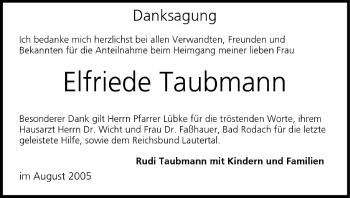 Anzeige von Elfriede Taubmann von MGO