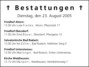 Anzeige von Bestattungen vom 23.08.2005 von MGO