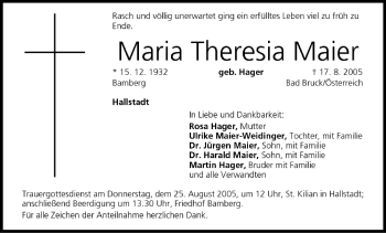 Anzeige von Maria Theresia Maier von MGO