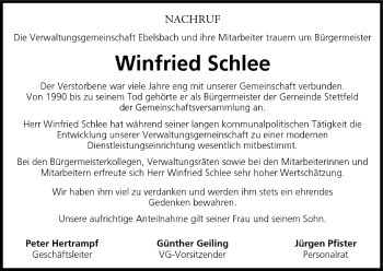 Anzeige von Winfried Schlee von MGO