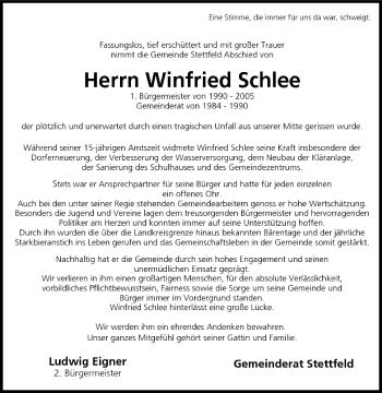 Anzeige von Winfried Schlee von MGO