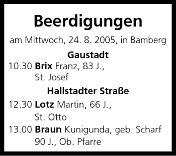 Anzeige von Beerdigungen vom 24.08.2005 von MGO