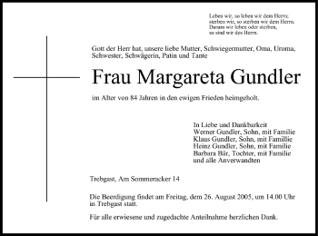 Anzeige von Margareta Gundler von MGO