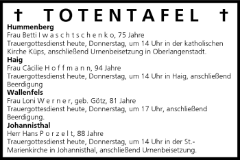 Anzeige von Totentafel vom 25.08.2005 von MGO