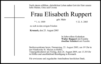 Anzeige von Elisabeth Ruppert von MGO