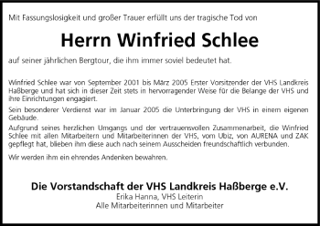 Anzeige von Winfried Schlee von MGO