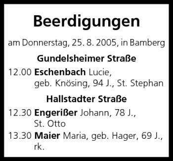 Anzeige von Beerdigungen vom 25.08.2005 von MGO