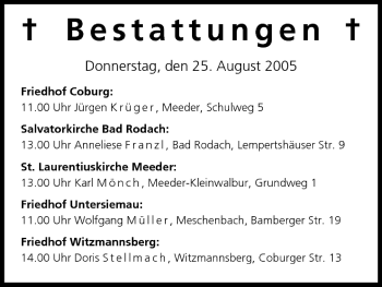 Anzeige von Bestattungen vom 25.08.2005 von MGO