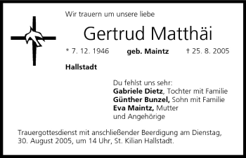 Anzeige von Gertrud Matthäi von MGO