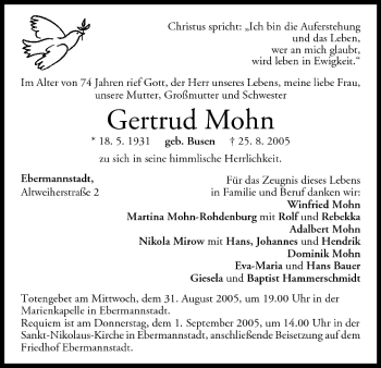 Anzeige von Gertrud Mohn von MGO