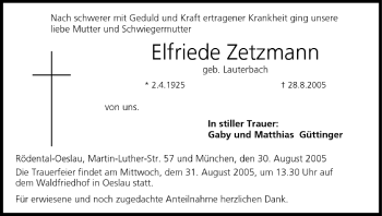 Anzeige von Elfriede Zetzmann von MGO