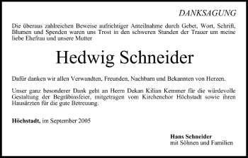 Anzeige von Hedwig Schneider von MGO