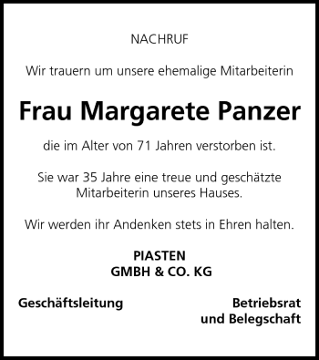 Anzeige von Margarete Panzer von MGO