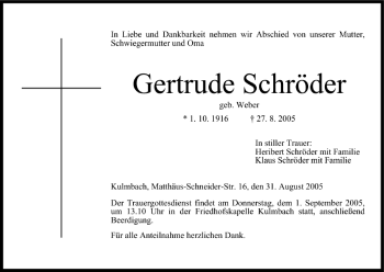 Anzeige von Gertrude Schröder von MGO