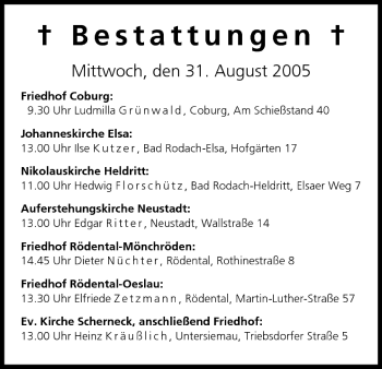 Anzeige von Bestattungen vom 31.08.2005 von MGO