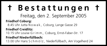 Anzeige von Bestattungen vom 02.09.2005 von MGO