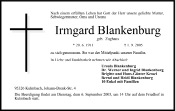 Anzeige von Irmgard Blankenburg von MGO