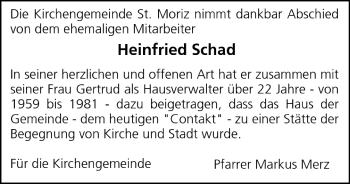 Anzeige von Heinfried Schad von MGO