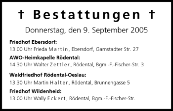 Anzeige von Bestattungen vom 08.09.2005 von MGO
