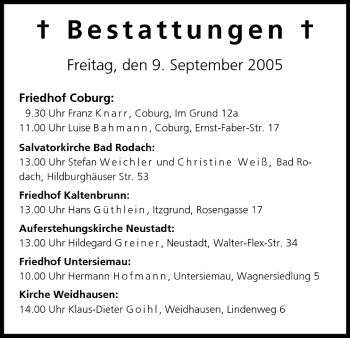Anzeige von Bestattungen vom 09.09.2005 von MGO