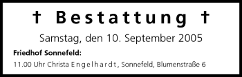 Anzeige von Bestattungen vom 10.09.2005 von MGO