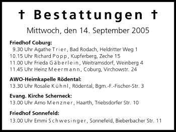 Anzeige von Bestattungen vom 14.09.2005 von MGO