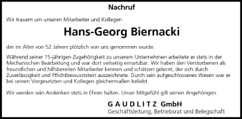 Anzeige von Hans-Georg Biernacki von MGO