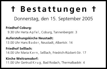 Anzeige von Bestattungen vom 15.09.2005 von MGO