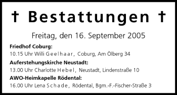Anzeige von Bestattungen vom 16.09.2005 von MGO