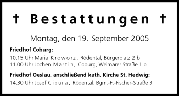 Anzeige von Bestattungen vom 19.09.2005 von MGO