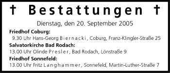 Anzeige von Bestattungen vom 20.09.2005 von MGO