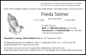 Anzeige von Frieda Steiner von MGO