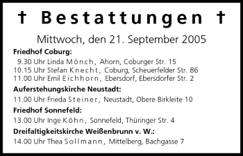 Anzeige von Bestattungen vom 21.09.2005 von MGO