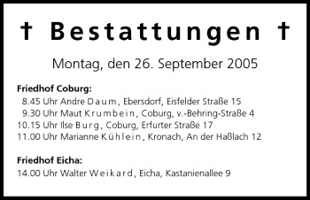Anzeige von Bestattungen vom 26.09.2005 von MGO