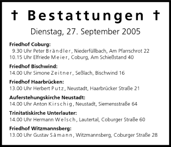 Anzeige von Bestattungen vom 27.09.2005 von MGO