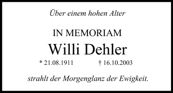 Anzeige von Willi Dehler von MGO