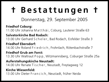 Anzeige von Bestattungen vom 29.09.2005 von MGO