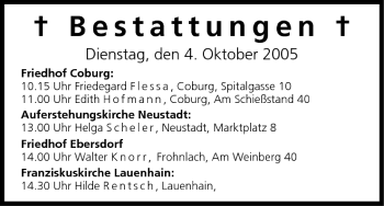 Anzeige von Bestattungen vom 04.10.2005 von MGO