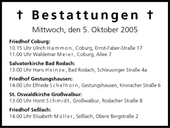 Anzeige von Bestattungen vom 05.10.2005 von MGO