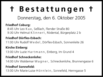 Anzeige von Bestattungen vom 06.10.2005 von MGO