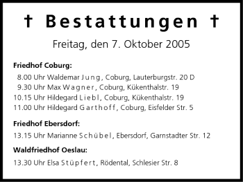 Anzeige von Bestattungen vom 07.10.2005 von MGO